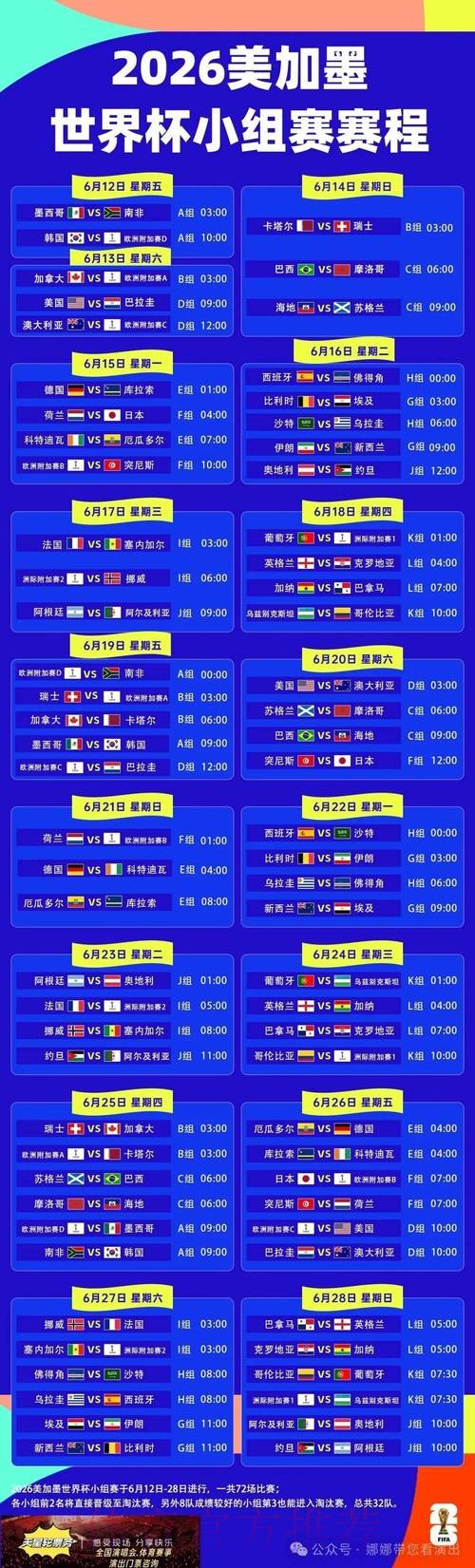 2026世界杯每日赛程一览比赛时间表免费观看